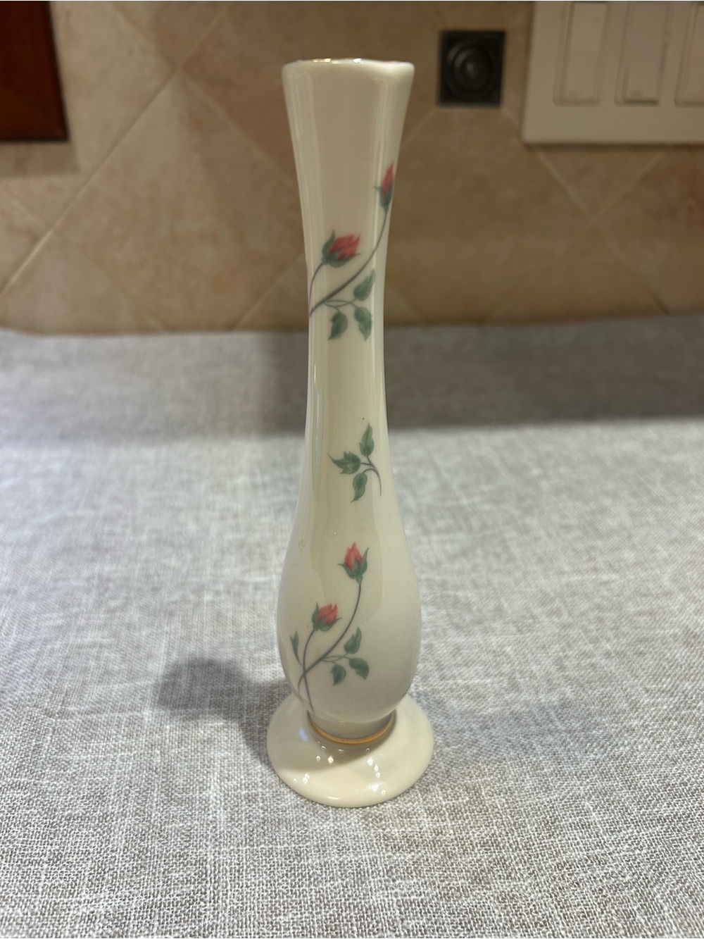 Lenox Cream Bud Vase with Pink Rosebuds and Green Leaves